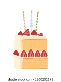 Cake slice with candles concept. Dessert and delicacy. Strawberries at pie piece. Sticker for social networks and messengers. Cartoon flat vector illustration isolated on white background