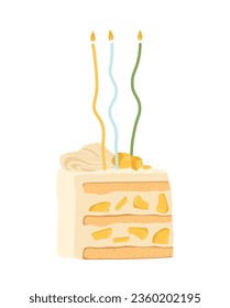 Cake slice with candles concept. Dessert and delicacy. Bakery and homemade food, pastry. Poster or banner for website. Cartoon flat vector illustration isolated on white background
