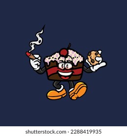 cake slice cartoon smoking blunt and high face stoned from weed cannabis bud nug vector