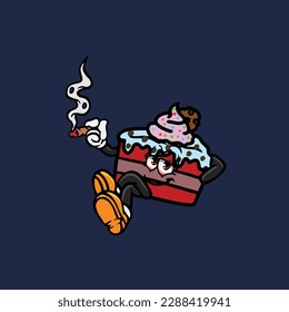 cake slice cartoon smoking blunt and high face stoned from weed cannabis bud nug vector
