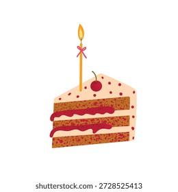Rebanada de pastel con relleno de cereza y vela de cumpleaños. Dulce postre en capas con crema de bayas y cobertura. Ilustración vectorial plana linda aislada sobre fondo blanco.