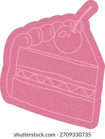 Cake slice with cherry and frosting, textured flat linework. Dessert wedge with piped topping and fruit, grainy contour drawing. Cartoon vector illustration