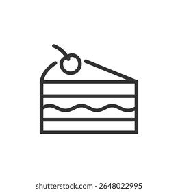 Cake slice with cherry, linear icon. Classic dessert with layers and topping. Line with editable stroke.
