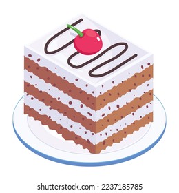 Cake slice with cherry topping, an isometric icon 
