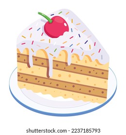 Kuchenscheibe mit Kirschhopping, isometrisches Symbol 