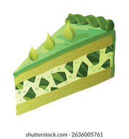 Cake slice. Colorful sweet cake piece, isolated on white. Cafe dessert menu, isometric hand drawn icon. Cute cartoon vector illustration