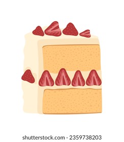 Cake slice concept. Dessert and delicacy with berries. Half of strawberry at pastry. Sticker for social networks and messengers. Cartoon flat vector illustration isolated on white background