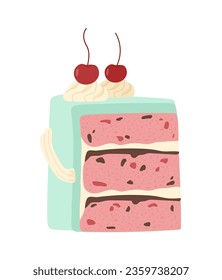 Cake slice concept. Dessert and delicacy with berries. Bakery homemade pastry eating. Sticker for social networks. Cartoon flat vector illustration isolated on white background