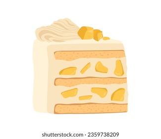 Cake slice concept. Dessert and delicacy with fruits. Sweet food and sugar pastry. Poster or banner for website. Cartoon flat vector illustration isolated on white background