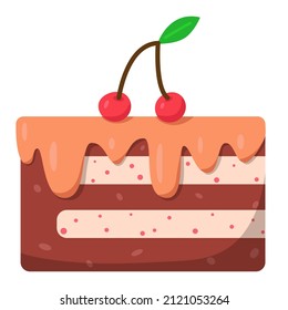 Cake slice with cream and cherries. Cute illustration in cartoon flat style. Happy Birthday greeting card design element. Vanilla and chocolate cake