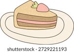 Cake slice with cream layers and berry topping resting on a round plate, drawn with soft lines and texture. Symbol of dessert, celebration, and indulgence for bakery. Cartoon vector illustration.