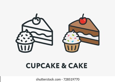 Cake Slice and Cupcake Sweet Dessert Bun Bakery Concept. Minimal Flat Line Outline Colorful and Stroke Icon Pictogram