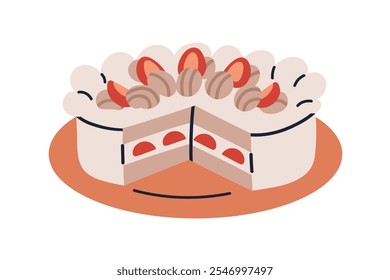 Cake with slice cut out. Sweet dessert with whipped cream and strawberry decoration. Delicious confectionery with creamy and berry filling. Flat vector illustration isolated on white background
