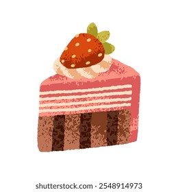 Cake slice, cut piece of layered dessert with berry and chocolate sponges. Strawberry and whipped cream decoration on delicious confectionery. Flat vector illustration isolated on white background