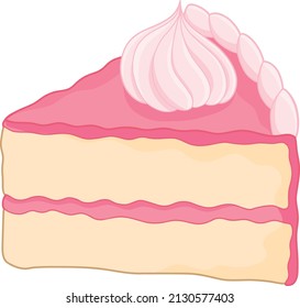 Cake slice decorated with pink strawberry frosting and whipped cream