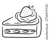 Cake slice dessert in hand drawn line art style for bakery and celebration themes.