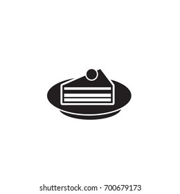 Cake slice dessert on plate black vector icon isolated on white background