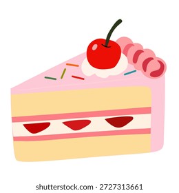 Rebanada de pastel en la ilustración plana para el tema dulce del postre de la celebración. Perfecto para imágenes de cumpleaños, menús de panadería, gráficos de fiesta y marca.