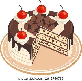 Cake with slice fresh cherries and topping chocolate eps