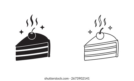Cake slice icon with cherry and steam