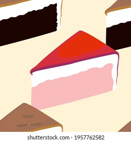 cake slice icon vector, red cherry, black charcoal with white cream bakery seamless pattern illustration