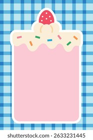 Cake slice illustration frame with pink cake, white icing, sprinkles and strawberry topping on blue checkered background. Suitable for bakery branding, birthday cards, invitations and notepads.