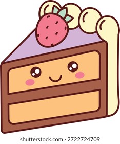 Fatia de bolo com rosto de kawaii, esponja em camadas, geada, redemoinho de creme e um morango no topo. Símbolo de doçura, celebração, desejo de sobremesa e prazer de padaria. Ilustração de vetor de desenhos animados.