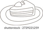 Cake slice with layered sponge and cream on a plate, topped with berry and leaf in clean line art. Symbol of dessert craving, indulgence, bakery treat, and celebration. Cartoon vector illustration.