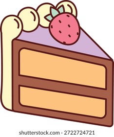 Rebanada de pastel con esponja en capas, ribete de crema y glaseado de fresa, delineado con líneas audaces. Símbolo del postre para la celebración, el placer, la dulzura y la indulgencia. Ilustración vectorial de dibujos animados.
