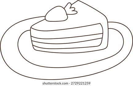 Fatia de bolo com esponja em camadas e creme em um prato, coberto com baga e folha na arte de linha limpa. Símbolo de desejo de sobremesa, indulgência, panificação e celebração. Ilustração de vetor de desenhos animados.