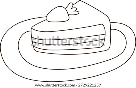 Cake slice with layered sponge and cream on a plate, topped with berry and leaf in clean line art. Symbol of dessert craving, indulgence, bakery treat, and celebration. Cartoon vector illustration.