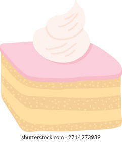 Rebanada de pastel con esponja en capas, glaseado suave y remolino de crema batida dibujado en líneas de dibujos animados limpios. Símbolo de postre, celebración, indulgencia y golosina de panadería. Ilustración vectorial de dibujos animados.