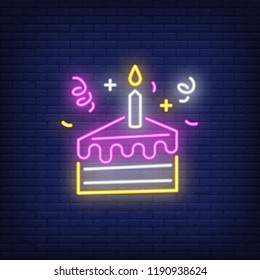 Cake slice neon sign. Luminous signboard with birthday treat. Night bright advertisement. Vector illustration in neon style for celebration, menu, bakery