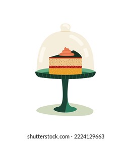 Cake slice on stand with glass dome simple vector icon. Showcase to store sweet pastry, baking accessory, serving storage container. Flat design element illustration. Restaurant party, bakery decor