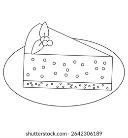 Cake slice outline. Berry dessert portion. Sweet pastry food. Vector isolated drawing.