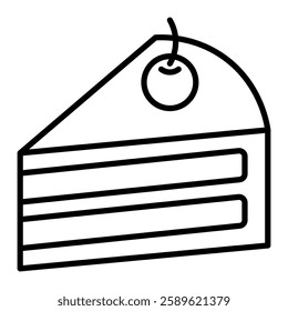 Cake slice outline icon, a slice of cake with a cherry on top. Perfect for projects related to restaurant, cafe, bakeries, parties, or dessert menus