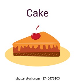 Cake slice. Pastry for holidays. Sweet delicious cream and chocolate. Dessert for birthday celebration. Isolated vector illustration in cartoon style