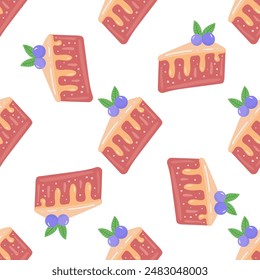 Cake slice piece with berries isolated on white background.  Seamless pattern.