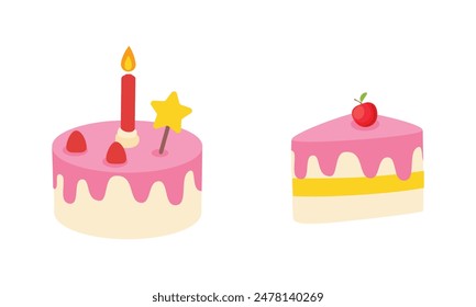 Cake slice piece with candle isolated on white. Yummy colorful birthday cake design. Vector illustration