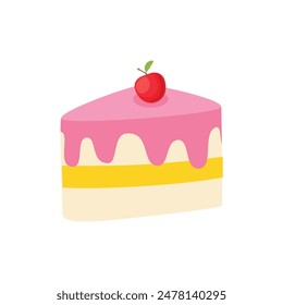 Cake slice piece with candle isolated on white. Yummy colorful birthday cake design. Vector illustration