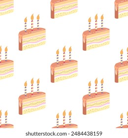 Cake slice piece with candle isolated on white background. Seamless pattern.	