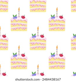 Cake slice piece with candle isolated on white background. Seamless pattern.	