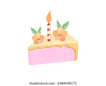 Cake slice piece with candle isolated on white background. Vector illustration for stickers and postcards	