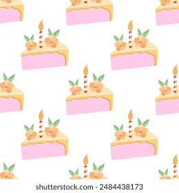 Cake slice piece with candle isolated on white background. Seamless pattern.	