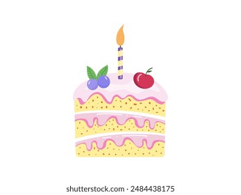 Cake slice piece with candle isolated on white background. Vector illustration for stickers and postcards	