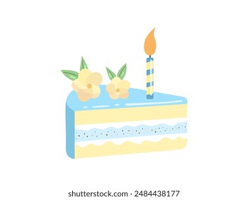 Trozo de pastel con vela aislado sobre fondo blanco. Ilustración vectorial para pegatinas y postales	