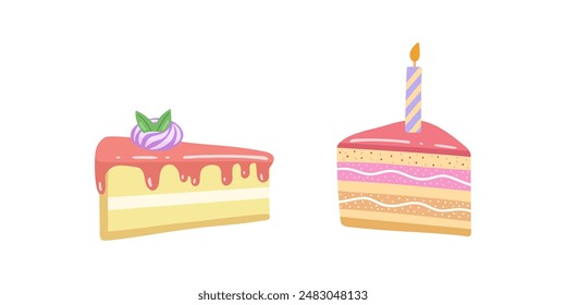Cake slice pieces  isolated on white background. Vector illustration set  for stickers and postcards	