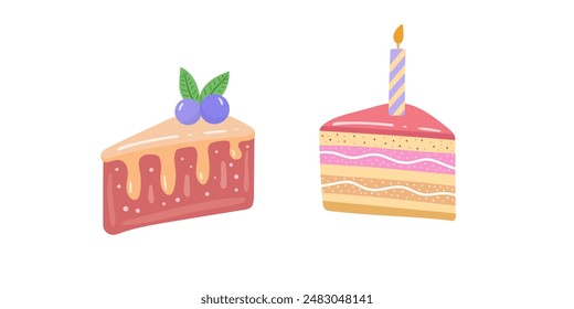 Cake slice pieces  isolated on white background. Vector illustration set  for stickers and postcards	