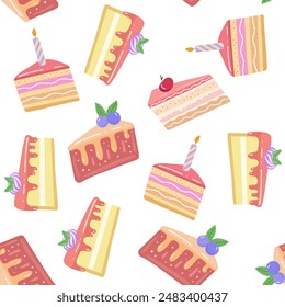 Cake slice pieces  isolated on white background. Seamless pattern.	