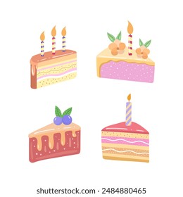 Cake slice pieces isolated on white background. Vector illustration set for stickers and postcards	